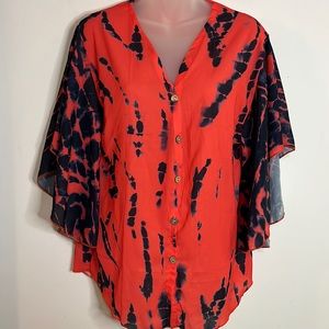 Vibrant Tie-Dye Button-Front Flowy Kimono Blouse Size L